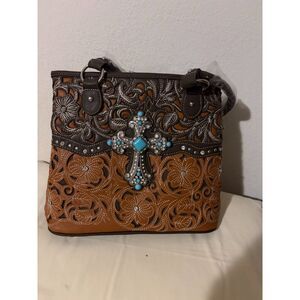 Western Tooled Leather‑Style Handbag w/ Turquoise Gem Cross – New